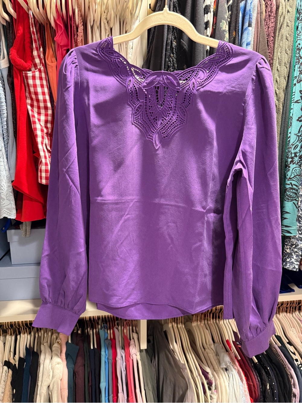 Sezane Violet Lace-Trim Long Sleeve Blouse